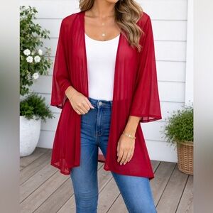 LulaRoe Lindsay Sheer Bell Sleeve Red Kimono Wrap Size Large
